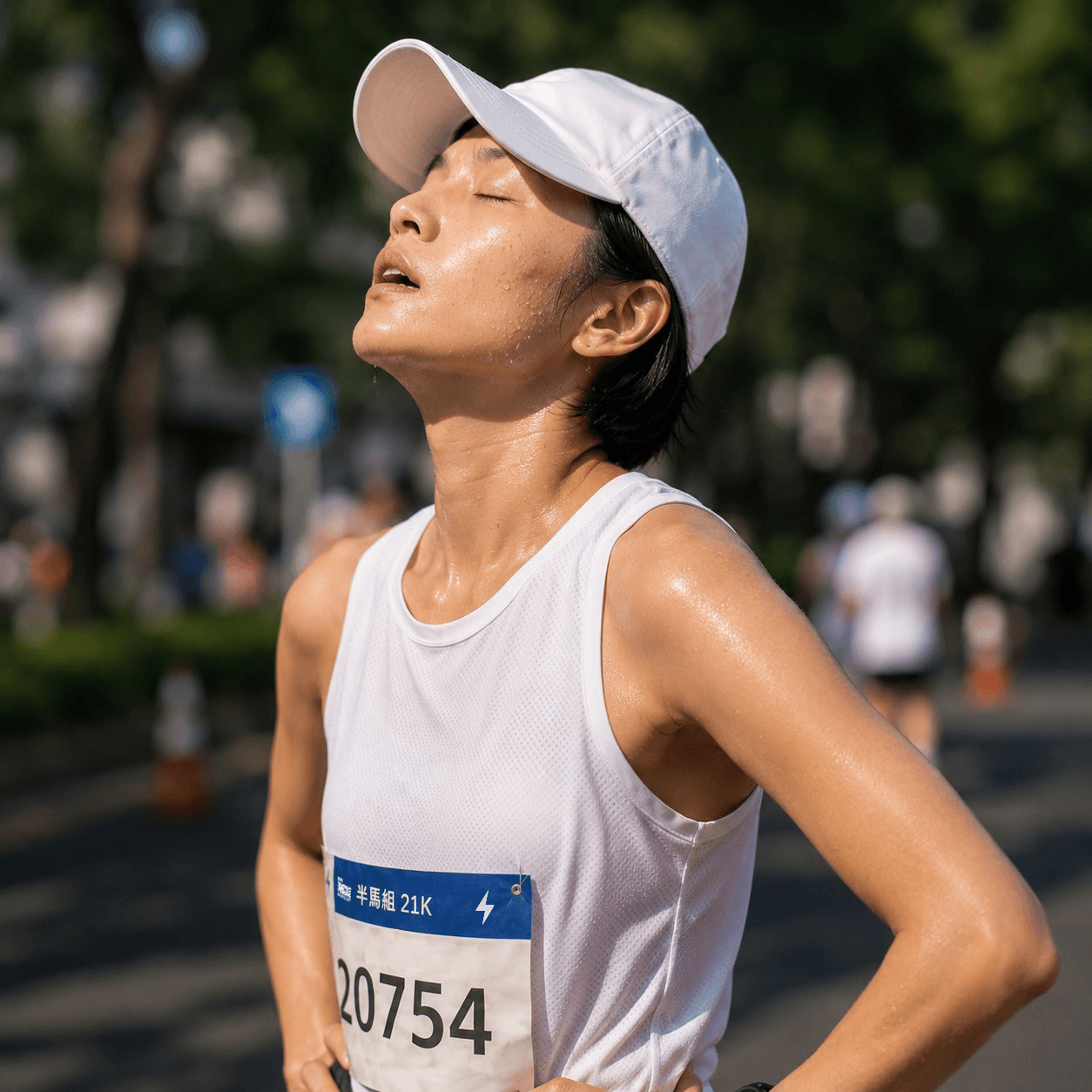 半程馬拉松跑者在高溫環境下完成長時間跑步後停下休息,全身流汗,展現耐力運動的補水情境。