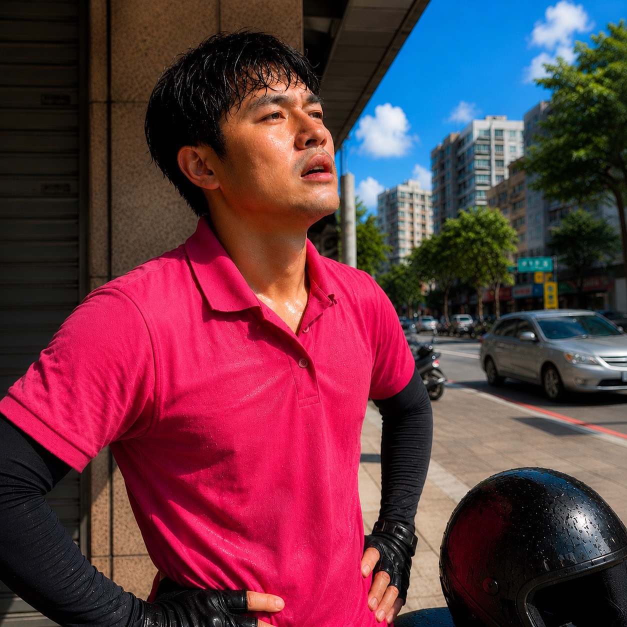 夏季高溫炎熱下，機車通勤族大汗淋漓在路邊休息防暑