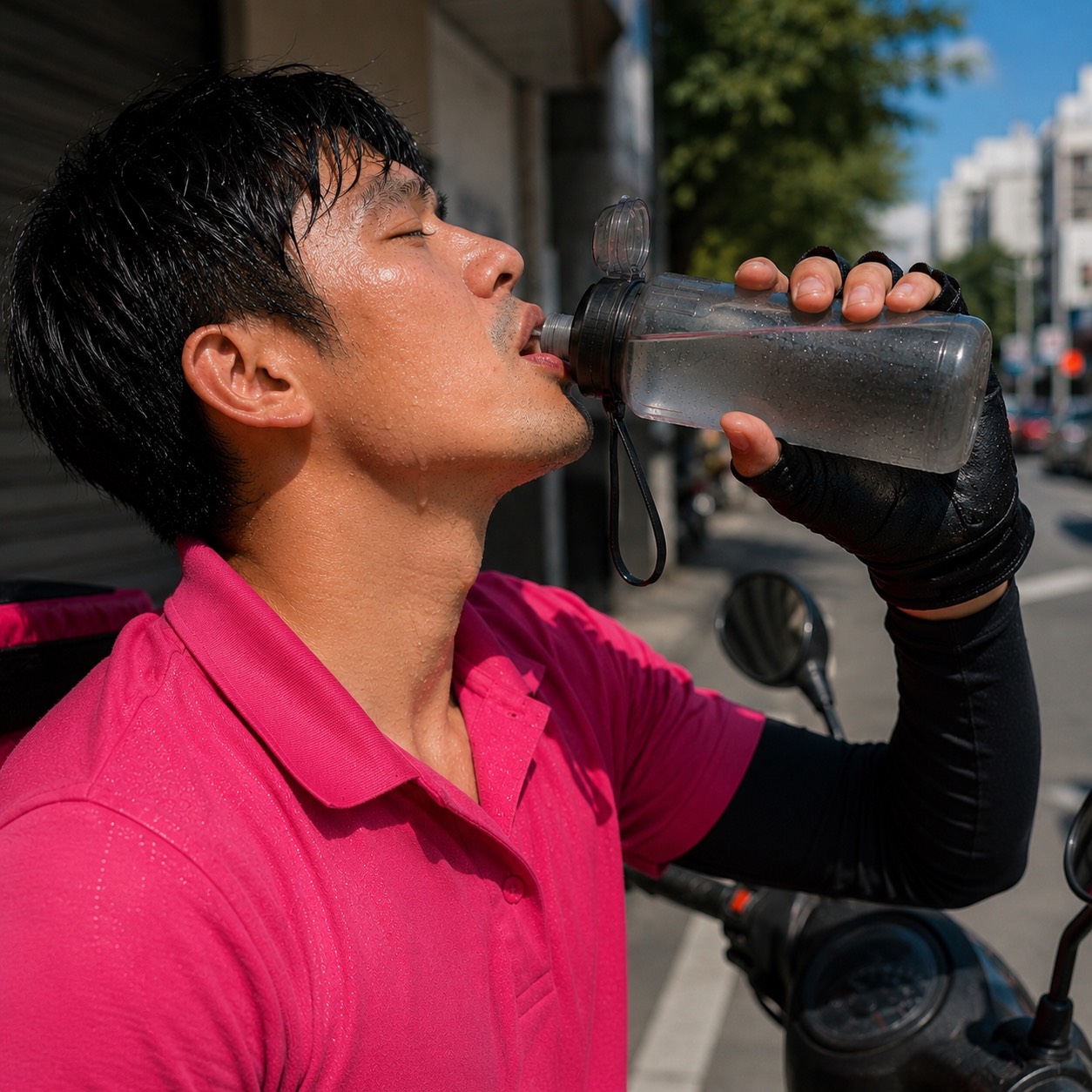 騎車外送途中大口飲水、迅速補充電解質與水分的機車族