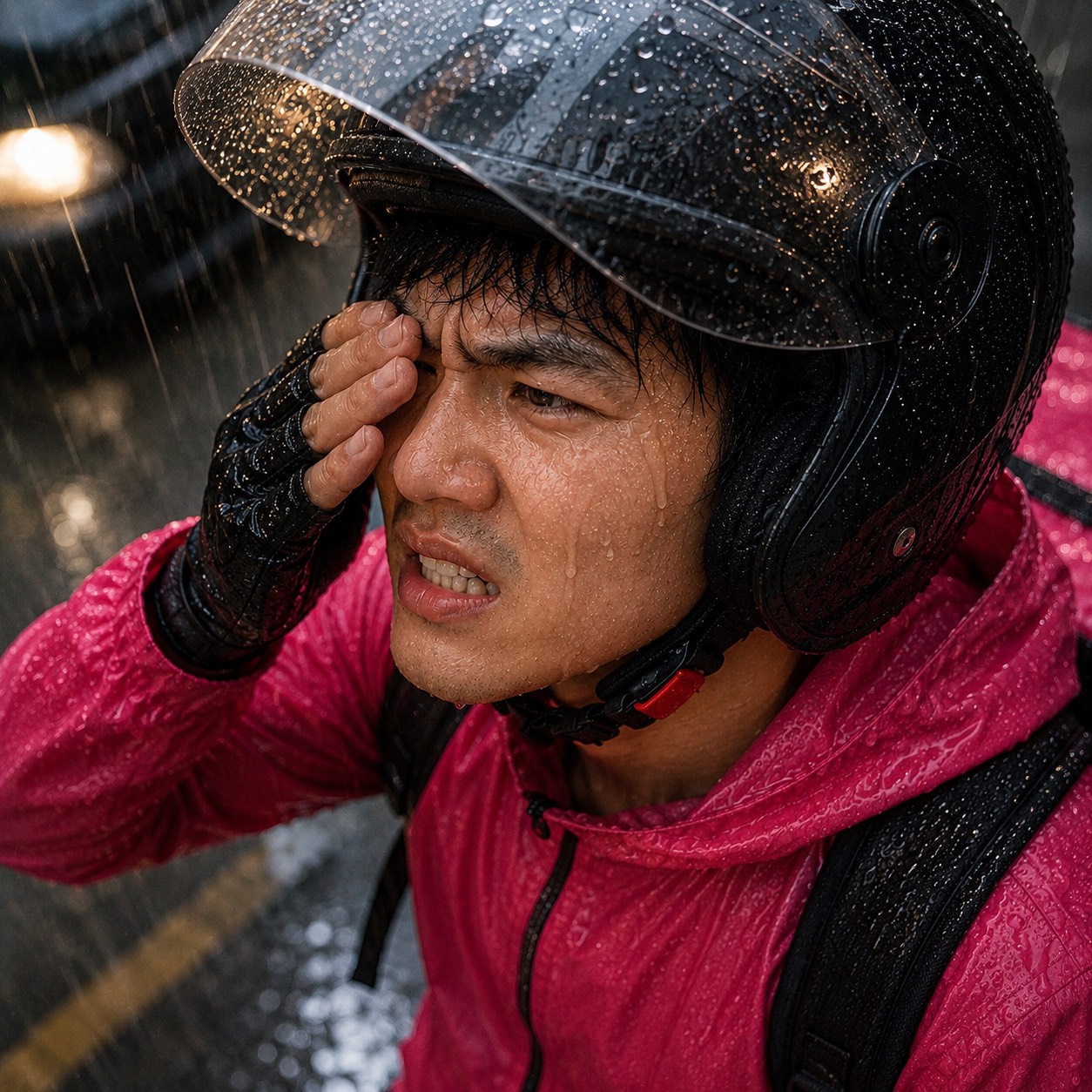 外送員在暴雨中騎機車、雨水模糊視線的辛苦工作場景