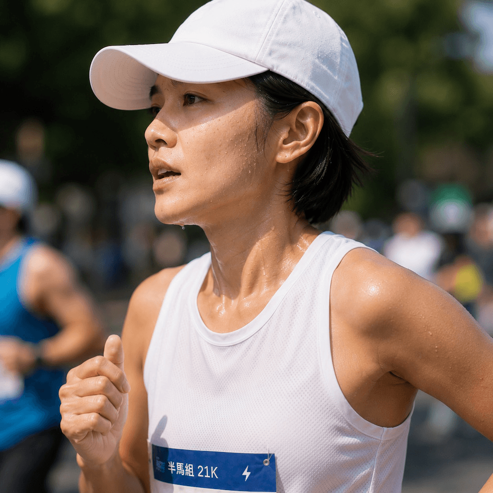 女子在夏天戶外運動大量流汗拿著水瓶並擦汗，搭配文字探討夏天流汗是否只流失水分與電解質補充-夏日流汗鹽究所
