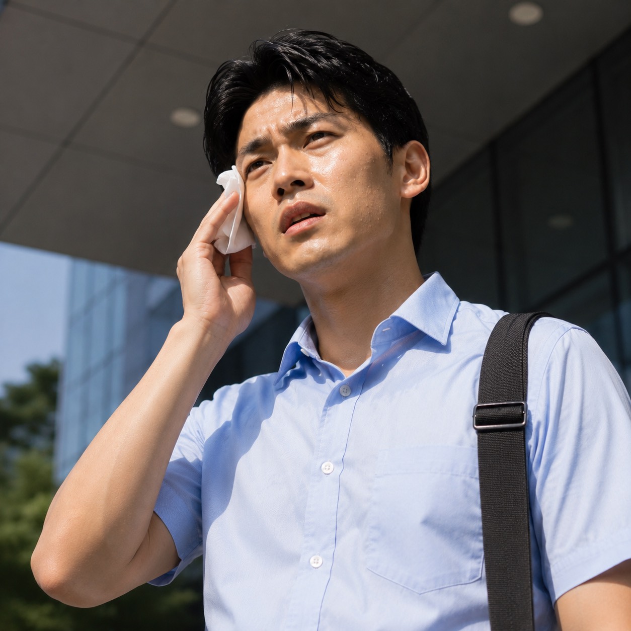 上班族穿著排汗商務襯衫並用面紙擦拭臉上汗水