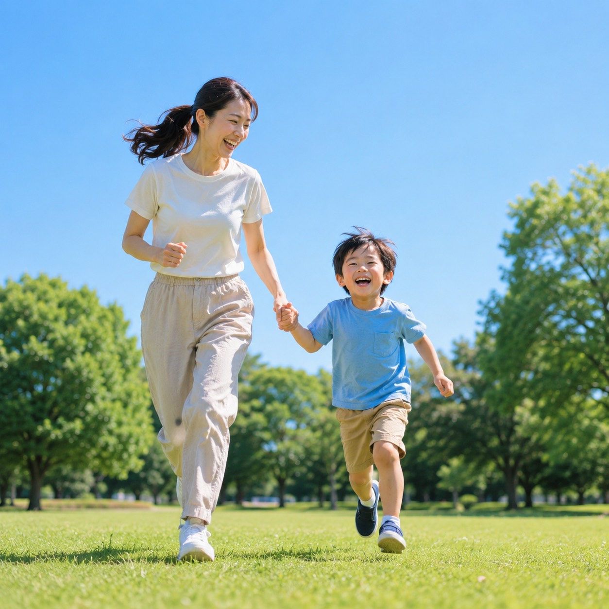 在藍天綠地的公園裡，媽媽和小男孩手牽手一起開心地向前奔跑，充滿活力