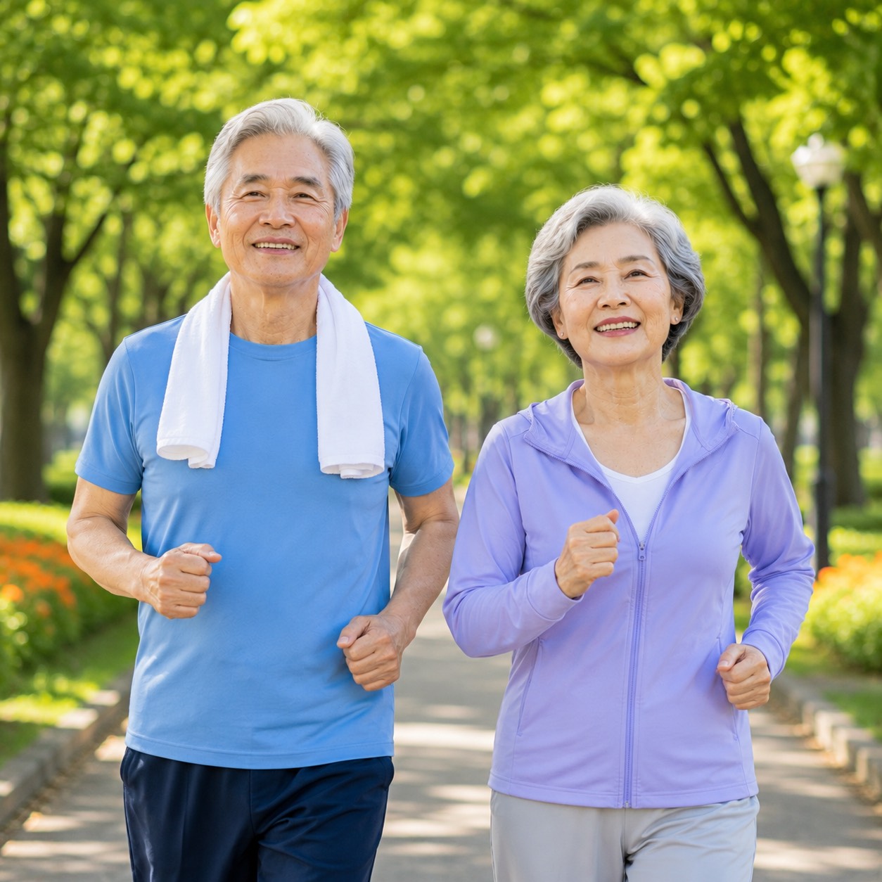 長輩公園慢跑運動-日常電解質補充情境,銀髮夫妻綠蔭步道慢跑