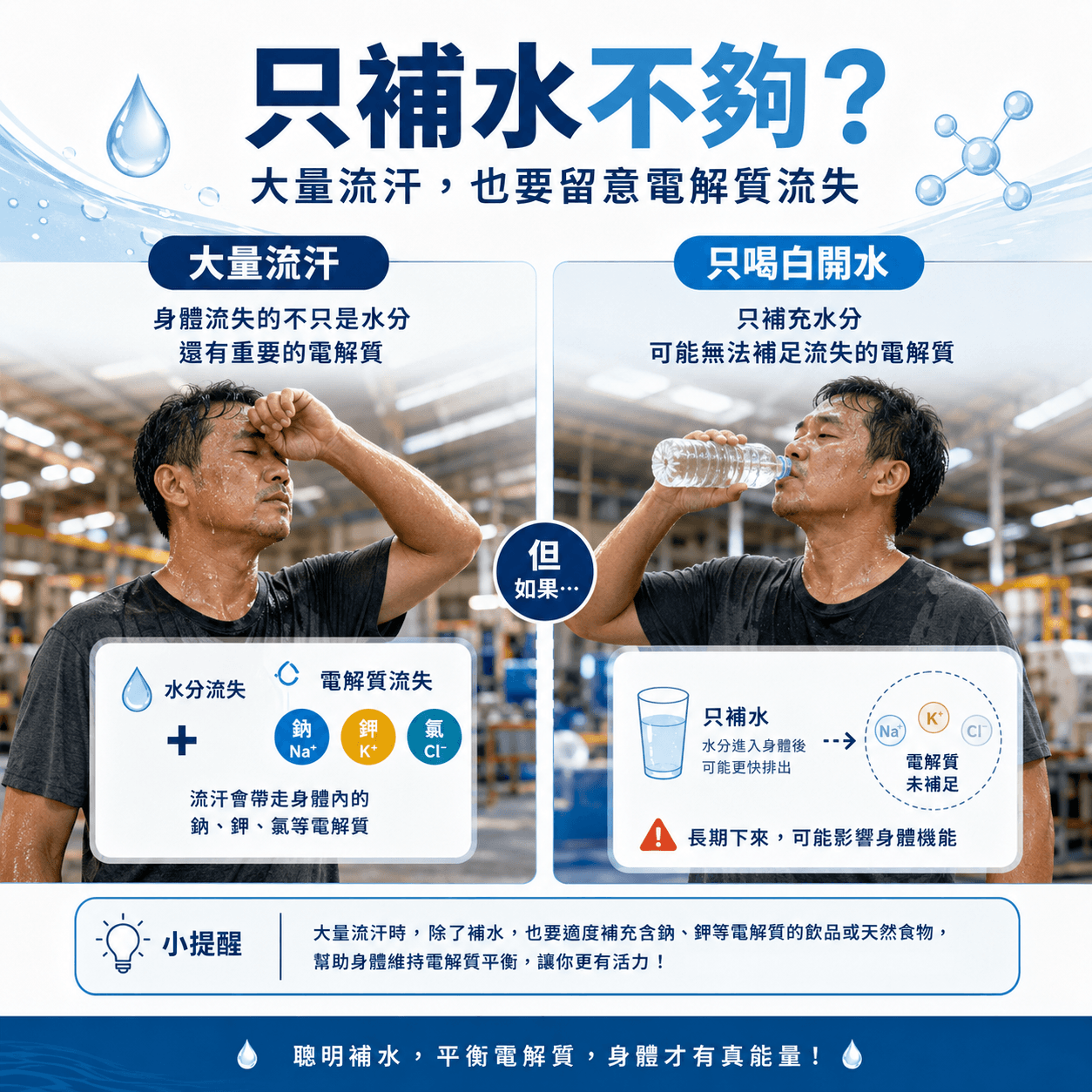 只補水不夠?大量流汗時,不只會流失水分,也會流失鈉、鉀、氯等電解質。圖卡以高溫工作環境中大量流汗的工作者為例,對比大量流汗與只喝白開水的情況,提醒長時間大量流汗時,除了補充水分,也要適度補充電解質,維持身體電解質平衡。