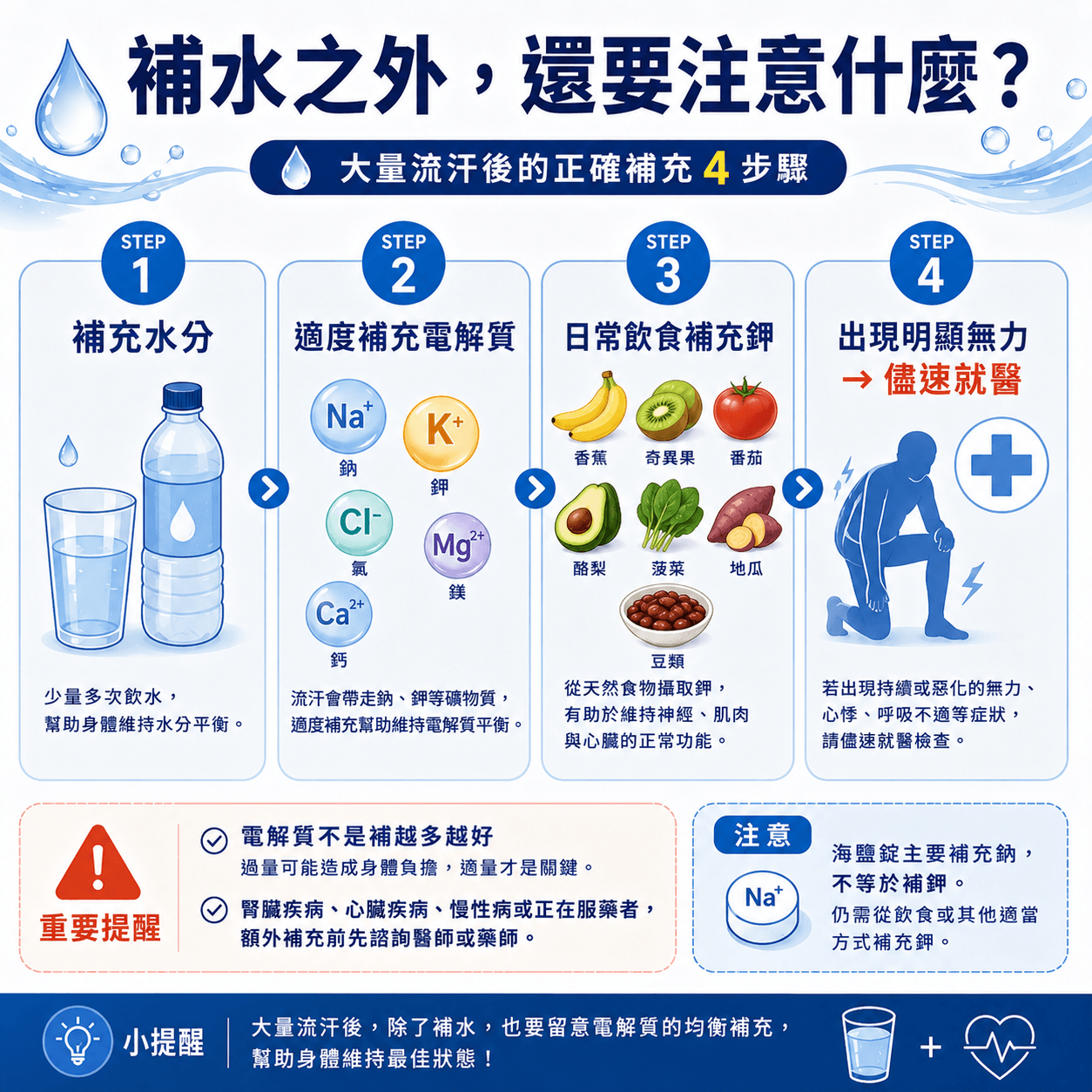 補水之外，還要注意什麼？圖卡整理大量流汗後的四個補充步驟：補充水分、適度補充電解質、從香蕉、奇異果、番茄、酪梨、菠菜、地瓜及豆類等天然食物攝取鉀，以及出現明顯或持續惡化的肢體無力、心悸、呼吸不適時儘速就醫。同時提醒電解質不是補越多越好，海鹽錠主要補充鈉，腎臟疾病、心臟疾病、慢性病或正在服藥者，額外補充前應先諮詢醫師或藥師。
