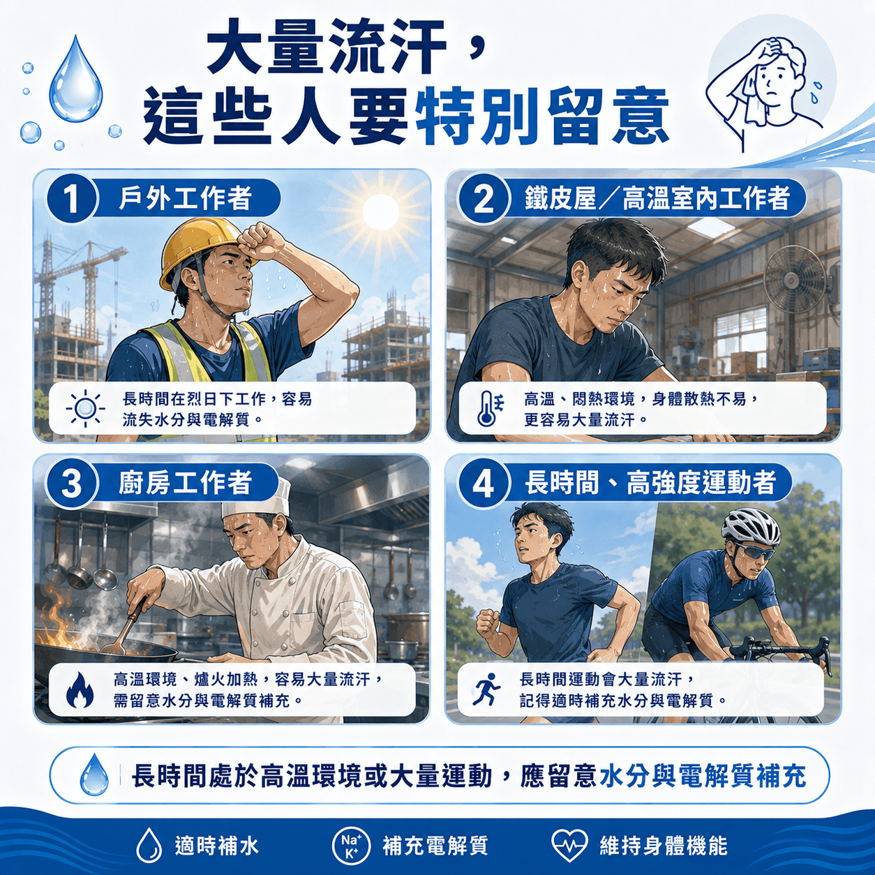 大量流汗時，戶外工作者、鐵皮屋或高溫室內工作者、廚房工作者，以及長時間高強度運動者需要特別留意水分與電解質補充。圖卡以四種工作與運動情境呈現高溫、大量流汗的狀況，提醒長時間處於高溫環境或大量運動時，應適時補充水分與電解質。