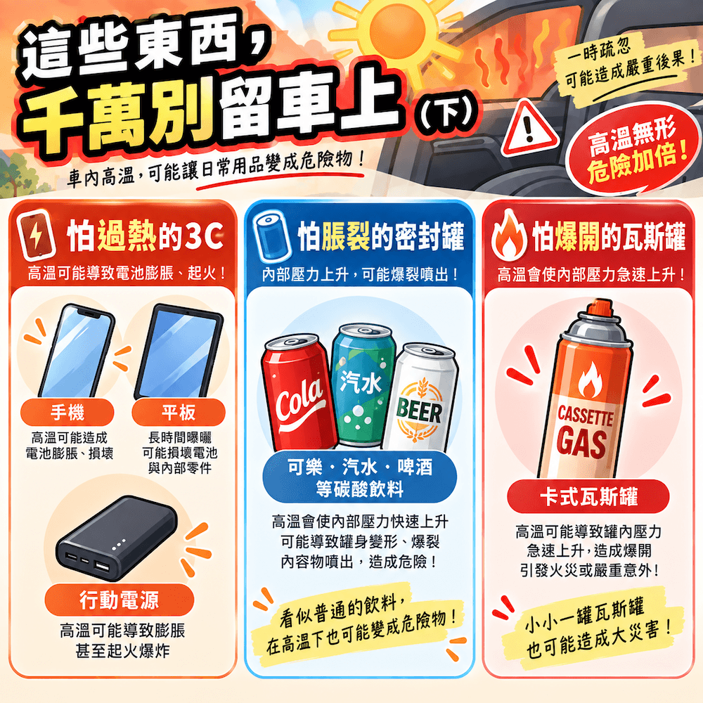 夏季車內危險物品清單,列出怕過熱的3C產品、怕脹裂的密封罐及怕爆開的瓦斯罐,包括手機、平板、行動電源、可樂、汽水、啤酒及卡式瓦斯罐。