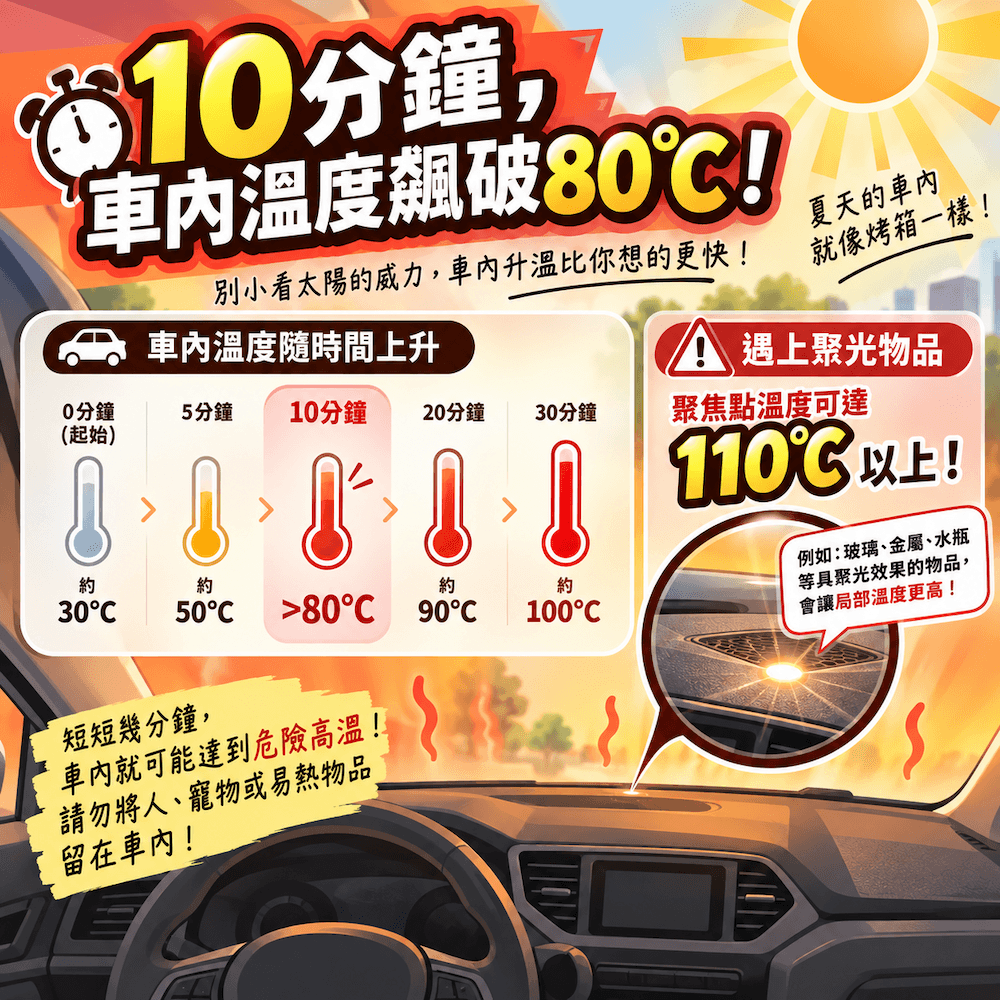 夏季車內溫度上升資訊圖,呈現車內溫度隨曝曬時間升高,10分鐘可能超過80°C,並提醒玻璃、金屬、水瓶等聚光物品可能形成局部高溫。
