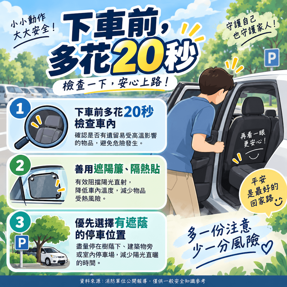 夏季停車安全行動建議圖，提醒下車前多花20秒檢查車內、善用遮陽簾與隔熱貼，並優先選擇有遮蔭的停車位置，降低高溫造成的安全風險。